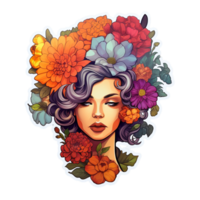 un' donna con colorato capelli e fiori su sua testa png