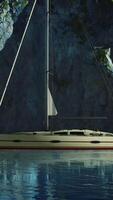 White yacht anchored in a bay with rocky cliffs video