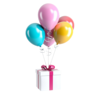 Birthday gift with balloons on transparent background. png