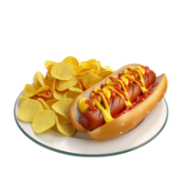 Hot dog with ketchup and chips on a plate on transparent background. png