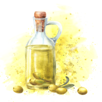 Glass bottle, jug corked with oil. Olive berries and green leaves on Watercolor yellow splashes stains background hand drawn illustration for food vegan sauce, healthy menu, cosmetic. Isolated clipart png