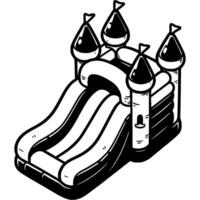 Bouncy castle with slide for children in monochrome. Fun at amusement park. Simple minimalistic in black ink drawing on white background vector