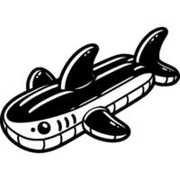 Inflatable swimming mattress in shark shape in monochrome. Safe children holiday on beach with inflatable boat. Simple minimalistic in black ink drawing on white background vector