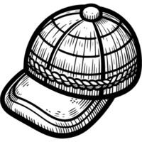 Baseball summer cap for boys made of natural material in monochrome. Hat with visor for sun protection. Simple minimalistic in black ink drawing on white background vector