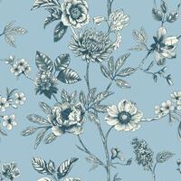 Abstract modern floral seamless pattern with hand drawn flower in Toile de jouy style. Retro elegance repeat print. Vintage design for fabric, wallpaper or wrapping vector