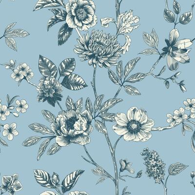 Abstract modern floral seamless pattern with hand drawn flower in Toile de jouy style. Retro elegance repeat print. Vintage design for fabric, wallpaper or wrapping