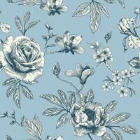 Abstract modern floral seamless pattern with hand drawn flower in Toile de jouy style. Retro elegance repeat print. Vintage design for fabric, wallpaper or wrapping vector