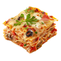 une lasagne avec fromage, Olives et des légumes sur une blanc Contexte png