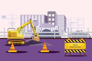 Urban scene featuring an excavator at work, construction cones, warning sign, and cityscape backdrop with buildings and crane vector