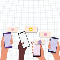 Diverse hands using mobile phones with social media interactions, featuring likes, comments, and emojis vector