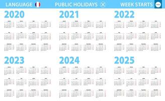 Calendar in French language for year 2020, 2021, 2022, 2023, 2024, 2025. Week starts from Monday. vector