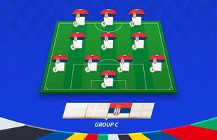 Football field with Serbia team lineup for European competition. vector