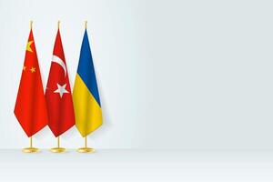 Flags of China, Turkey and Ukraine stand in row on indoor flagpole. vector