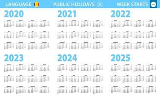 calendario en rumano idioma para año 2020, 2021, 2022, 2023, 2024, 2025. semana empieza desde lunes. vector