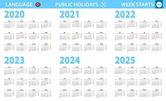 calendario en azerbaiyano idioma para año 2020, 2021, 2022, 2023, 2024, 2025. semana empieza desde lunes. vector