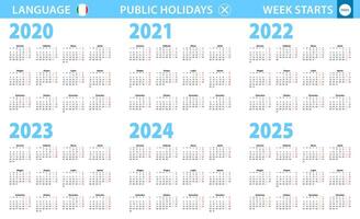 Calendar in Italian language for year 2020, 2021, 2022, 2023, 2024, 2025. Week starts from Monday. vector
