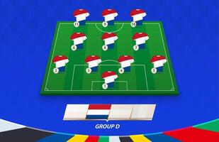 Football field with Netherlands team lineup for European competition. vector