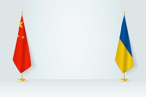 China and Ukraine flag on indoor flagpole, meeting concept between Ukraine and China. vector