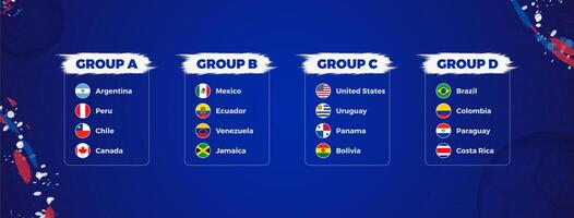 Soccer Tournament Groups with Team Flags and Country Names on Blue Background. vector