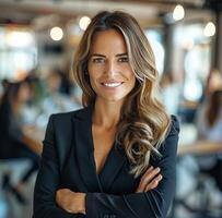 Confident Businesswoman Smiling in Office Setting During Daytime photo