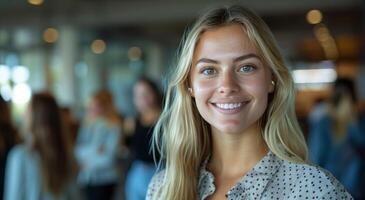 Closeup Portrait of a Smiling Young Woman With Blonde Hair in a Blurry Background photo