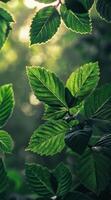 Sunlight Filtering Through Green Leaves in a Forest photo