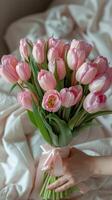 Pink Tulip Bouquet Held on White Bed Sheets in Morning Light photo