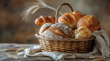 Freshly Baked Bread Assortment in Wicker Basket With Wheat Stalks photo