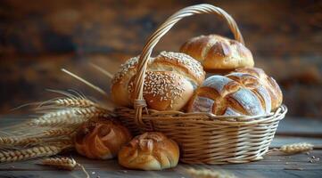 Freshly Baked Bread Assortment in Wicker Basket With Wheat Stalks photo