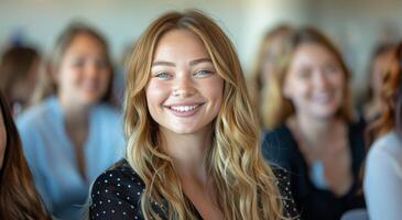 sonriente mujer con rubia pelo a un interior evento foto