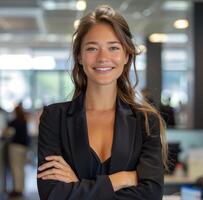 confidente mujer de negocios sonriente en moderno oficina ajuste foto