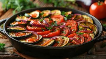 A Cast Iron Skillet Filled With Freshly Baked Ratatouille photo
