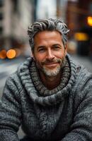 retrato de un sonriente hombre con gris pelo y un gris tejer suéter en un ciudad ajuste foto