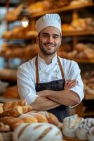 Smiling Baker Standing Behind Freshly Baked Bread in a Bakery photo