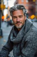 Portrait of a Smiling Man With Gray Hair and a Gray Knit Sweater in a City Setting photo