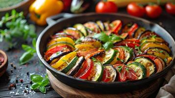 Close Up of Roasted Vegetables in a Cast Iron Skillet photo