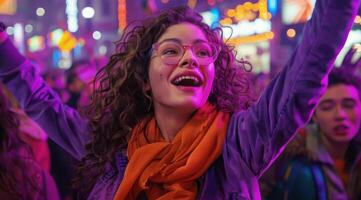 Woman With Curly Hair Dancing At A Nighttime Festival photo