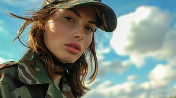 Young Woman Wearing Camouflage Clothing and Cap Poses Outdoors on Sunny Day photo