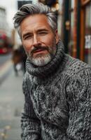 Portrait of a Smiling Man With Gray Hair and a Gray Knit Sweater in a City Setting photo