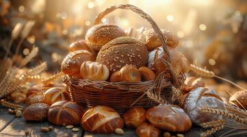 Freshly Baked Bread Assortment in Wicker Basket With Wheat Stalks photo