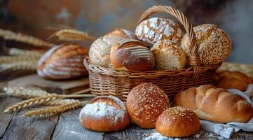 Freshly Baked Bread Assortment in Wicker Basket With Wheat Stalks photo