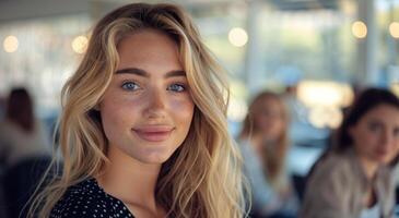 sonriente rubia mujer en un multitud foto