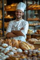 Smiling Baker Standing Behind Freshly Baked Bread in a Bakery photo