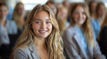 Young Woman Smiling in a Crowd at a Business Meeting photo