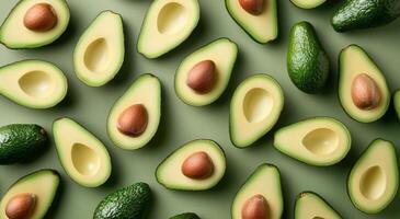 Green Ripe Avocados Arranged on Green Background photo