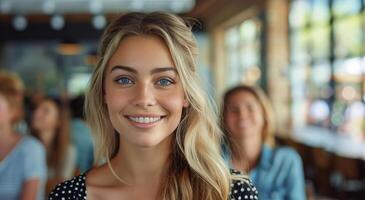 sonriente rubia mujer en un multitud foto