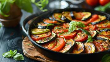 Close Up of Roasted Vegetables in a Cast Iron Skillet photo