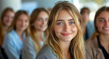 Young Woman Smiling in a Crowd at a Business Meeting photo