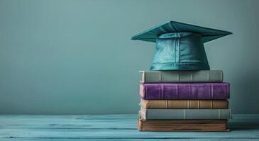 graduación gorra descansando en un apilar de libros en contra un verde azulado pared foto