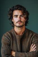 Portrait of a Young Man With Long Wavy Brown Hair and a White Button-Down Shirt photo